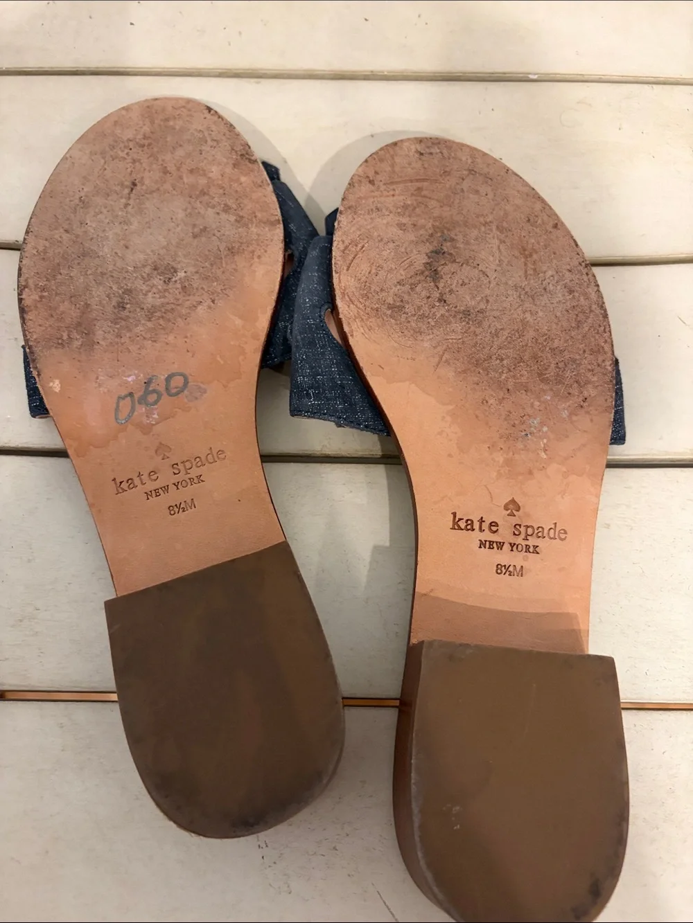 kate spade Brie Navy Dark wash Denim Fringe Slide Sandals with Gold Chain